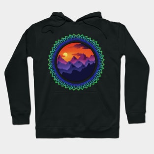 Sunset over mountains with blue-green zentangle Hoodie